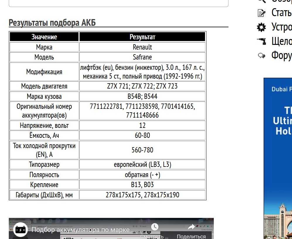 Пример подбора аккумуляторной батареи для Renault Safrane, бензин, 3.0 л, 1992-1996 гг.