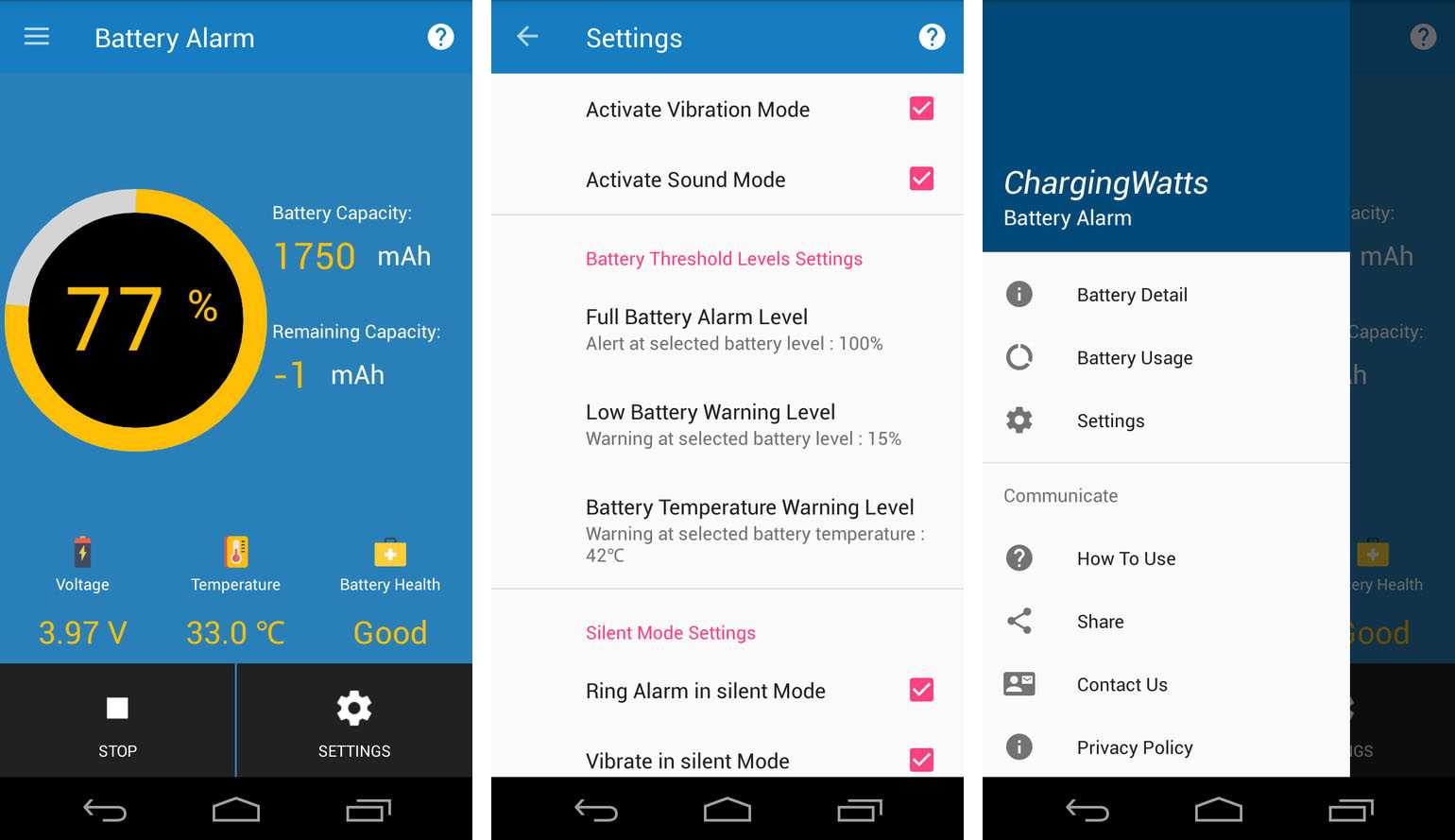 Программа для проверки аккумулятора телефона Battery Alarm