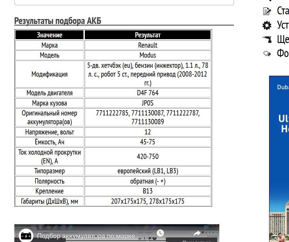 Пример подбора аккумуляторной батареи для Renault Modus, бензин, 1.1 л, 2008-2012 гг.