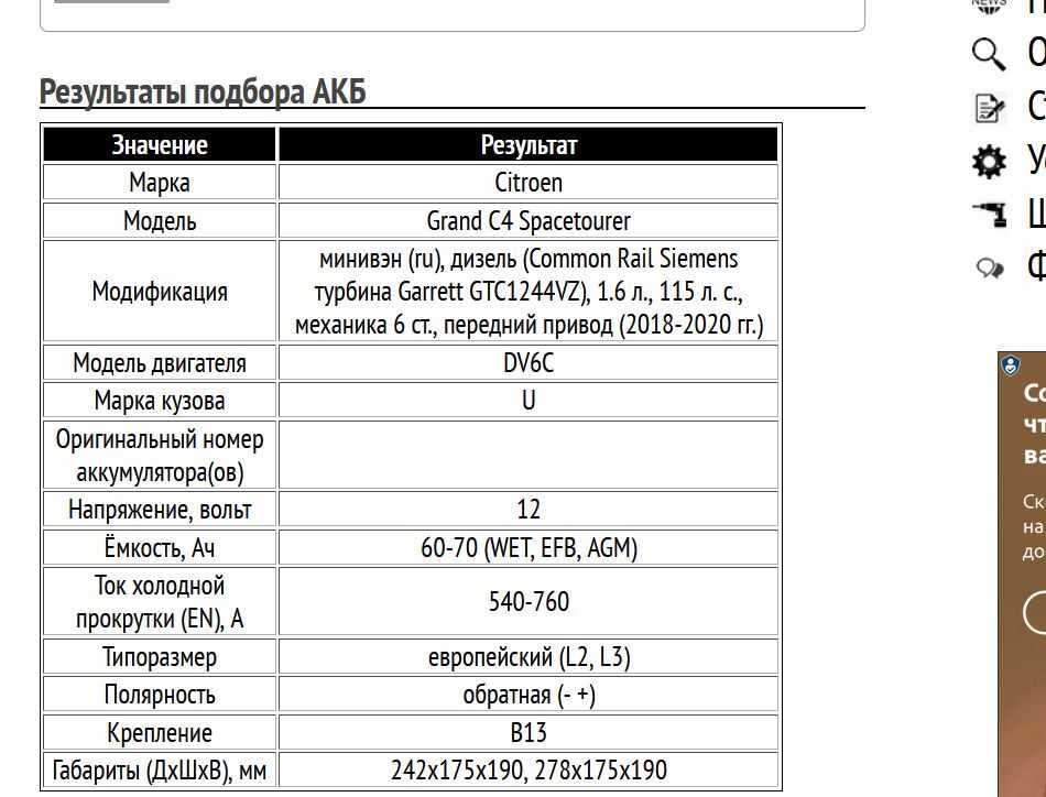 Пример подбора аккумуляторной батареи для Ситроен Гранд С4 Спейстурьер, бензин, 1.6 л, 2018-2020 гг.
