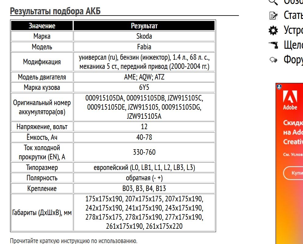 Пример подбора аккумуляторной батареи на Шкода Фабиа, бензин, 1.4 л, 2000-2004 гг.