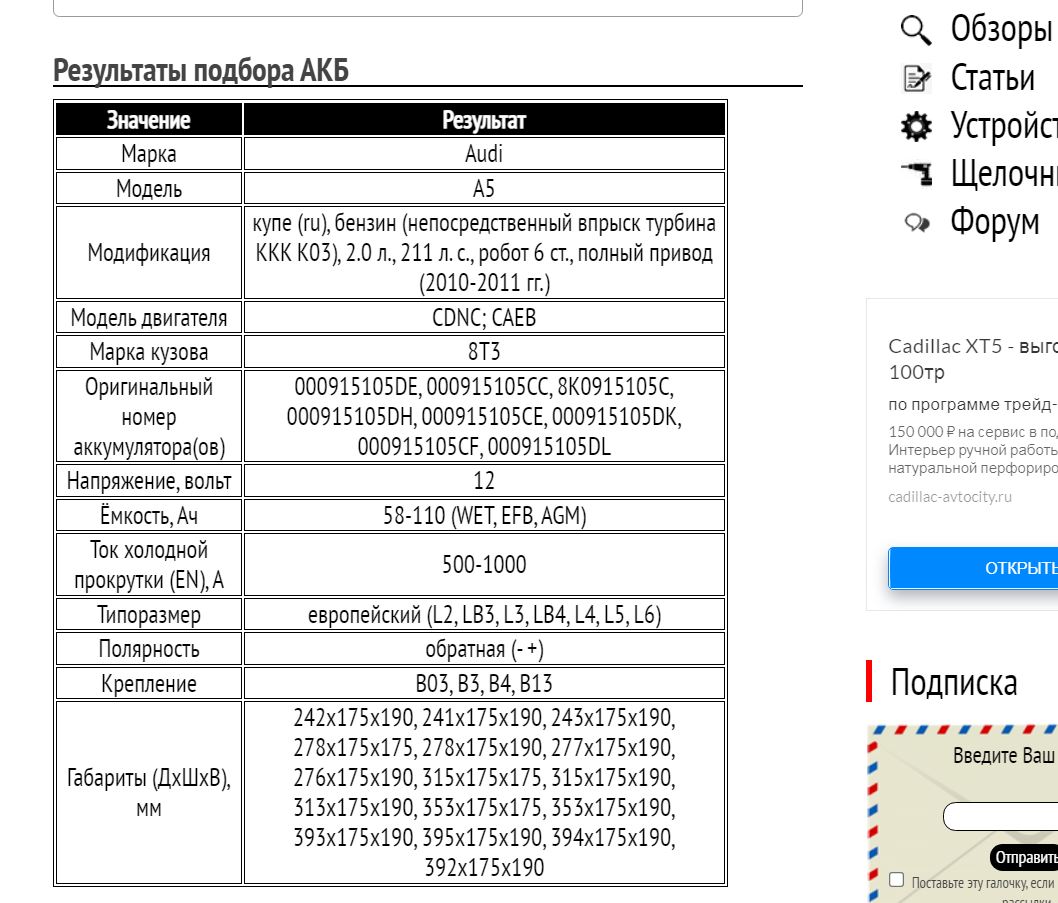 Пример подбора АКБ для Ауди А5, бензин, 2.0 л., 211 л. с., 2010-2011 гг.