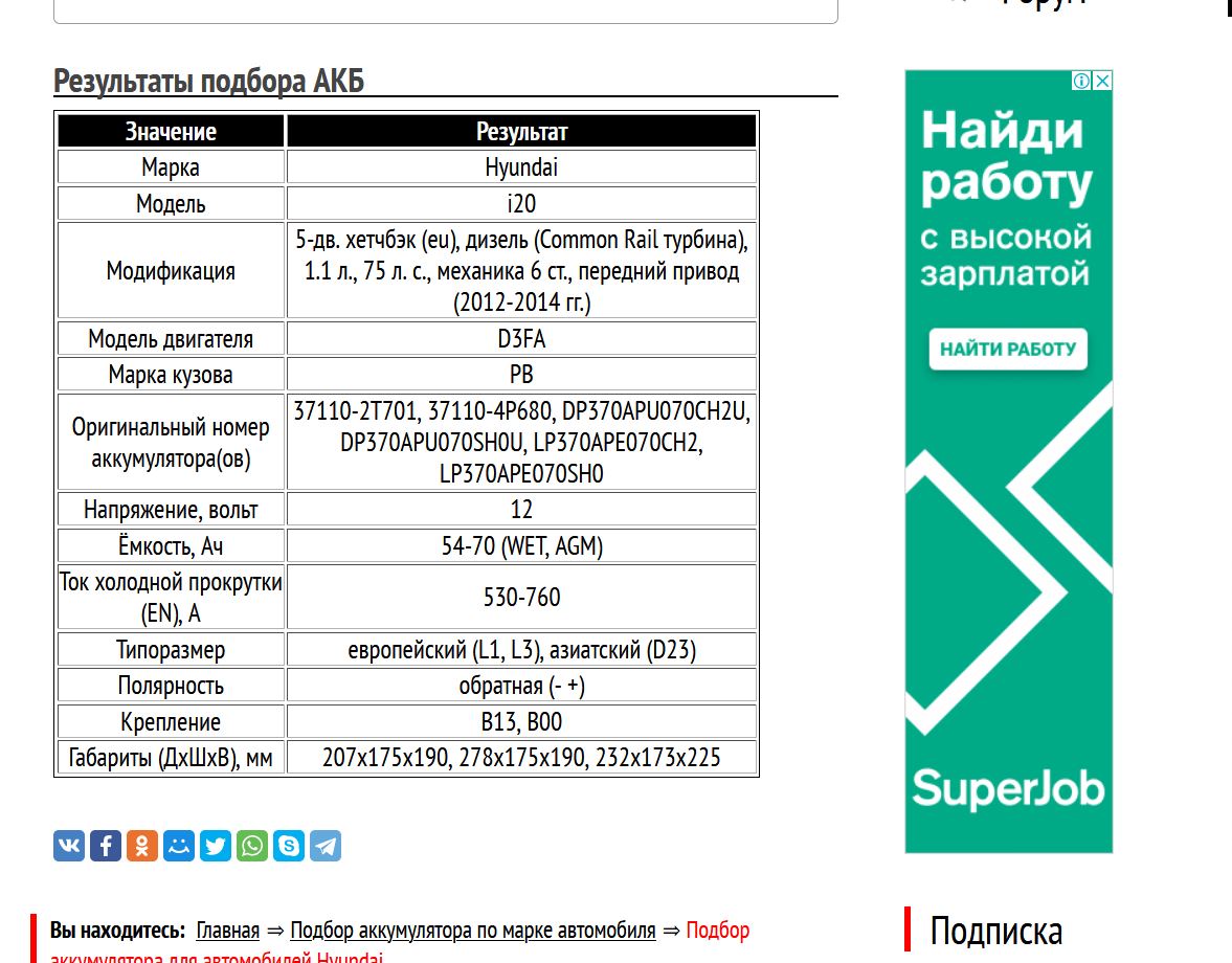Подбор АКБ на Хендай i20 D3FA 1.1 л