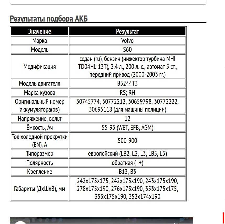Пример подбора аккумуляторной батареи для Вольво S60, бензин, 2.4 л, 2000-2003 гг.