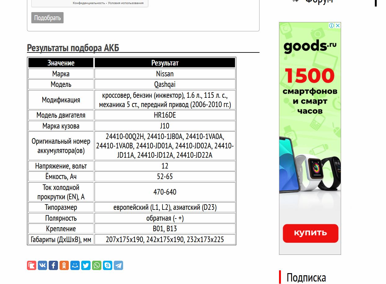 Пример подбора АКБ для Nissan Qashqai с HR16DE 1.6 л