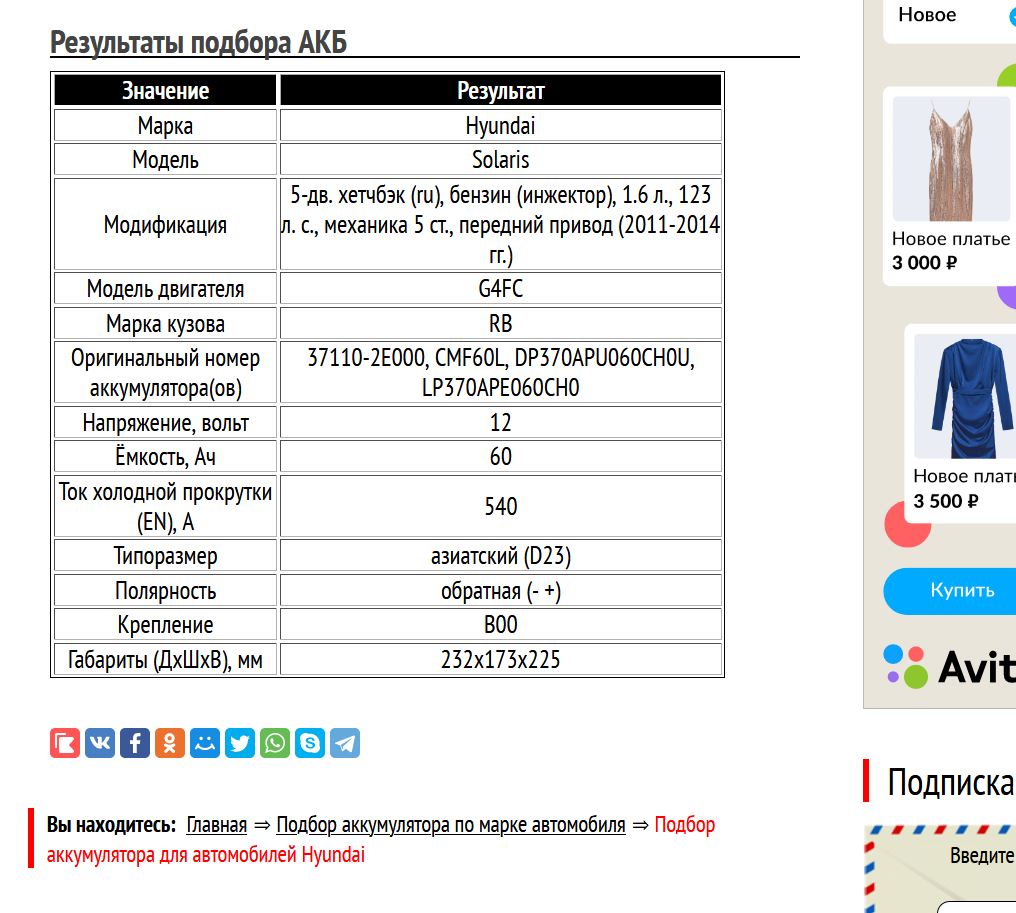АКБ для Hyundai Solaris 1,6 литра