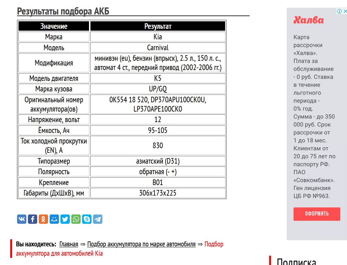Подбор АКБ для Киа Карнивал 2002-2006