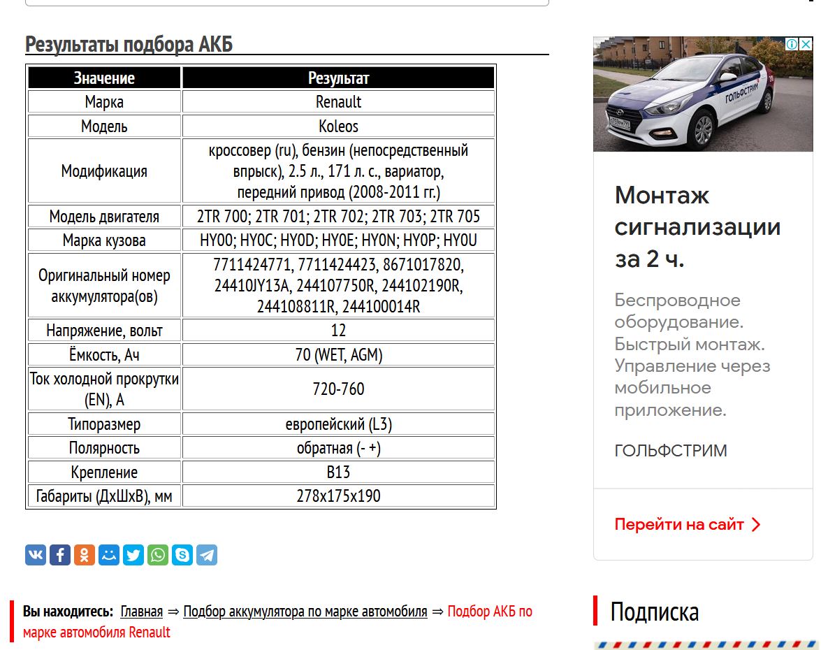 Подбор аккумулятора на Рено Колеос 2008─2011 гг.