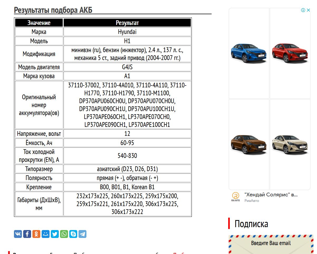 Подбор АКБ для Хендай H1 с мотором G4JS 2.4 л