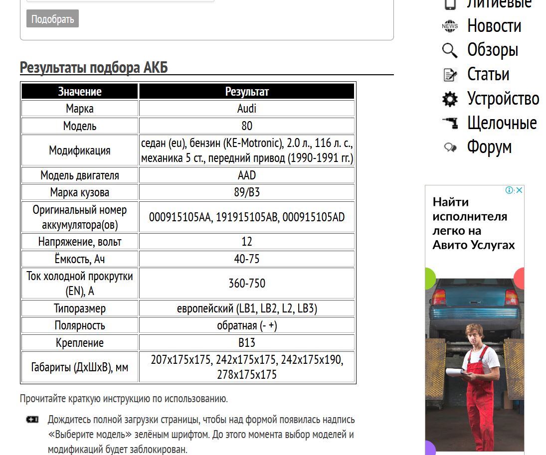 Подбор АКБ для Ауди 80 Б3 AAD 2.0 л