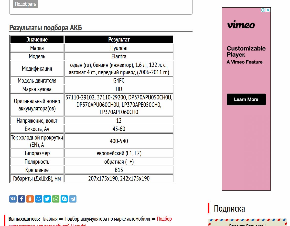 Аккумулятор на Hyundai Elantra с двигателем G4FC
