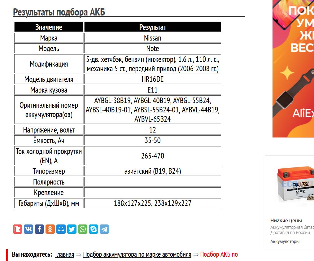 Результат подбора АКБ для Note E11 с бензиновым мотором HR16DE