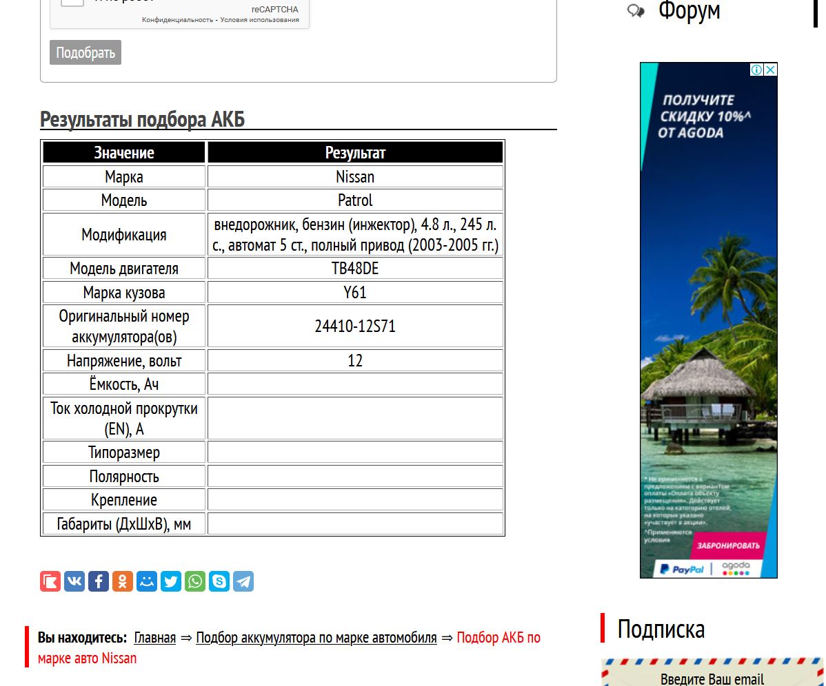 Результат подбора АКБ для Patrol 2003─2005 гг.