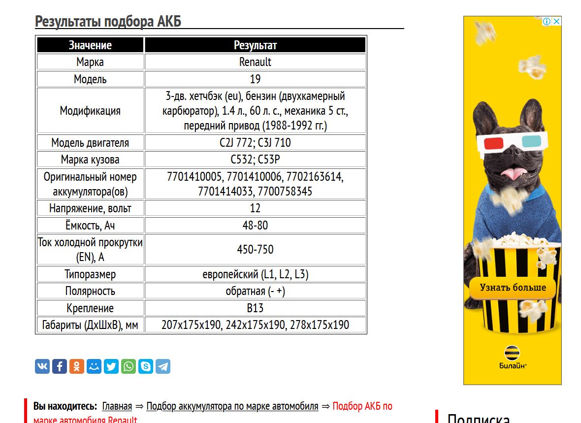 Результат подбора АКБ для Рено 19 с мотором C2J