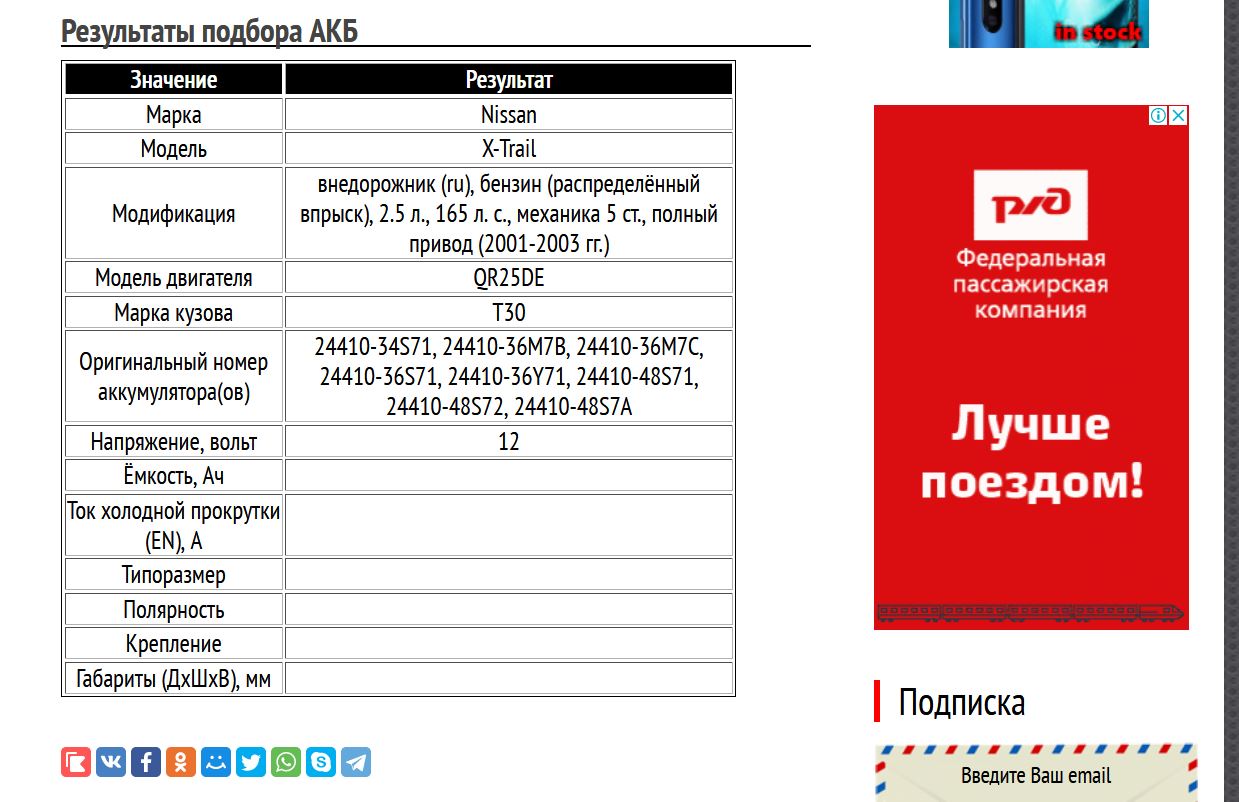Параметры АКБ для X-Trail с мотором QR25DE