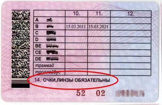 отметка о линзах и очках в правах
